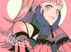 Rule 34 | 1girl, blush, character name, dimilethlover, dress, earrings, female focus, fire emblem, fire emblem: three houses, gloves, hands on own cheeks, hands on own face, heart, hilda valentine goneril, hoop earrings, jewelry, lipstick, long hair, makeup, matching hair/eyes, nintendo, pink background, pink eyes, pink hair, pink lips, pink lips, simple background, solo, sparkle background, strapless, strapless dress, upper body, writing