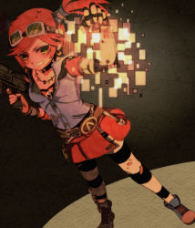 Rule 34 | 1girl, artificial limb, bandage on face, bandages, borderlands (series), borderlands 2, breasts, choker, fingerless gloves, gaige, gloves, goggles, goggles on head, green eyes, gun, highres, hood, hoodie, jacket, mechanical arms, prosthesis, prosthetic arm, red hair, shoes, single mechanical arm, skirt, sleeveless, smile, sneakers, solo, striped legwear, teeth, torn clothes, twintails, weapon