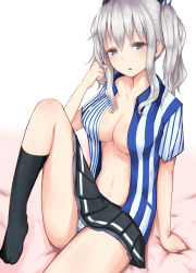 10s 1girl bad_id bad_pixiv_id blue_eyes employee_uniform highres kantai_collection kashima_(kancolle) kashima_(lawson)_(kancolle) kinryuu lawson open_clothes silver_hair skirt twintails wavy_hair