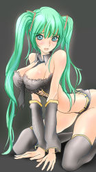 Rule 34 | 1girl, all fours, aqua eyes, arched back, bad id, bad pixiv id, bare shoulders, between breasts, breasts, collar, detached collar, detached sleeves, green hair, hatsune miku, long hair, necktie, rav (ravetx), ravetx, solo, thighhighs, twintails, very long hair, vocaloid