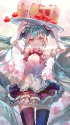Rule 34 | 1girl, absurdly long hair, absurdres, aqua eyes, aqua hair, armpits, arms up, bare shoulders, black ribbon, black skirt, black thighhighs, breasts, cake, clenched teeth, collared shirt, contrapposto, cowboy shot, detached sleeves, dot nose, floating hair, floral background, flower, food, frilled shirt, frilled skirt, frilled sleeves, frills, fruit, grin, hair between eyes, half-closed eyes, happy, hatsune miku, heart-shaped food, highres, holding, holding plate, layered skirt, light blush, light particles, long hair, looking at viewer, medium breasts, meringue, miniskirt, narrow waist, nazuna (nazuna su), neck ribbon, pink background, pink flower, plate, ribbon, shirt, sidelocks, simple background, single horizontal stripe, skindentation, skirt, sleeveless, sleeveless shirt, smile, solo, strawberry, strawberry cake, striped ribbon, teeth, thigh gap, thighhighs, tsurime, twintails, very long hair, vocaloid, white shirt, white sleeves, zettai ryouiki