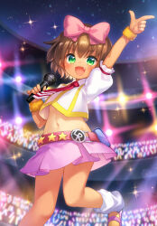 Rule 34 | arm up, belt, bow, brown hair, cropped shirt, dancing, dot nose, fang, green eyes, hair bow, highres, holding, holding microphone, idol, kito (sorahate), looking at viewer, low rise!!!, microphone, midriff, navel, open mouth, pink bow, pink skirt, pointing, pointing up, sawai kogiri, shirt, short hair, short sleeves, skirt, standing, standing on one leg, white shirt