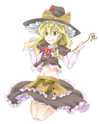 Rule 34 | 1girl, bad id, bad pixiv id, blonde hair, bow, braid, female focus, full body, hadi, hair bow, hat, jumping, kirisame marisa, midriff, navel, simple background, skirt, solo, touhou, wand, white background, witch, witch hat, yellow eyes
