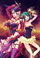 Rule 34 | 2girls, :d, ahoge, arm up, armpits, asymmetrical legwear, belt, black gloves, black skirt, blonde hair, blue eyes, braid, breasts, cleavage, collarbone, crown, crown braid, fingerless gloves, gloves, green hair, groin, holding, holding hands, holding microphone, interlocked fingers, jewelry, kazura enji, layered skirt, long hair, looking at viewer, macross, macross frontier, macross frontier: sayonara no tsubasa, medium breasts, microphone, midriff, mini crown, miniskirt, multiple girls, nail polish, necklace, necktie, open mouth, purple legwear, ranka lee, red eyes, red nails, sheryl nome, shiny skin, short hair, skirt, smile, standing, strapless, striped clothes, striped legwear, striped thighhighs, thigh strap, thighhighs, torn clothes, torn legwear, transparent, uneven legwear, v, vertical-striped clothes, vertical-striped legwear, vertical-striped thighhighs, wrist cuffs, yellow legwear, yellow neckwear, yellow skirt
