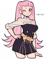Rule 34 | 1girl, artist name, belt, blunt bangs, blush, breasts, buttons, closed mouth, cowboy shot, do m kaeru, double-breasted, female focus, fire emblem, fire emblem: three houses, garreg mach monastery uniform, hand on own hip, hilda valentine goneril, large breasts, long hair, looking at viewer, matching hair/eyes, nintendo, one eye closed, outline, pink eyes, pink hair, simple background, sleeves rolled up, smile, solo, standing, thighs, twintails, uniform, white background, wink