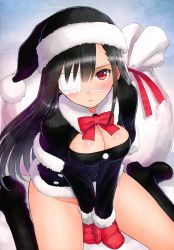 Rule 34 | 1girl, :&lt;, absurdres, black footwear, black hair, black hat, black santa costume, blush, boots, bottomless, bow, bowtie, breasts, capelet, cleavage, closed mouth, covered navel, covering crotch, covering privates, eyepatch, from above, fur collar, fur trim, gloves, groin, hat, highres, knee boots, long hair, long sleeves, looking at viewer, medical eyepatch, medium breasts, one eye covered, perspective, red bow, red bowtie, red eyes, red gloves, sack, santa costume, santa hat, scan, sister blood, sitting, solo, thighs, tony taka, wariza