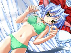 Rule 34 | 1girl, animal ears, bed, blue hair, bra, brown eyes, cat ears, cat tail, choker, frilled pillow, frills, game cg, green panties, lingerie, lying, mugyutto! pet maid, ngo (ngo dandelion), non-web source, panties, pillow, rinne (mugyutto!), short hair, solo, tail, underwear, underwear only