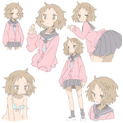 Rule 34 | 1girl, absurdres, arms at sides, bent over, blank stare, blue bra, bra, breasts, brown eyes, brown hair, cardigan, female focus, highres, jitome, masikakuma, messy hair, original, pink cardigan, pleated skirt, school uniform, shoes, simple background, skirt, sleeves past wrists, small breasts, socks, solo, standing, strap slip, underwear, waving, white background