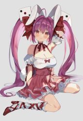 Rule 34 | 1girl, ahoge, arm behind head, blush, bow, breasts, cleavage, commentary, di gi charat, dice hair ornament, dress, frilled dress, frills, hair bow, hair ornament, heart, high heels, kneehighs, large breasts, long hair, low twintails, pink dress, pink hair, red bow, red eyes, red footwear, satoupote, sitting, smile, socks, solo, twintails, usada hikaru, very long hair, wariza