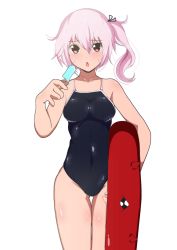 Rule 34 | 1girl, absurdres, abyssal ship, black one-piece swimsuit, commentary request, competition school swimsuit, cowboy shot, enemy lifebuoy (kancolle), harusame (kancolle), highres, innertube, kantai collection, long hair, looking at viewer, one-piece swimsuit, pink hair, red eyes, school swimsuit, side ponytail, solo, swim ring, swimsuit, thigh gap, unakyu
