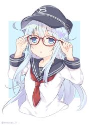 Rule 34 | 1girl, anchor symbol, bad id, bad twitter id, bespectacled, black hat, black sailor collar, blue background, blue eyes, cropped torso, flat cap, glasses, hat, hibiki (kancolle), kantai collection, long hair, looking at viewer, neckerchief, red-framed eyewear, red neckerchief, saiki yuzuri, sailor collar, school uniform, serafuku, silver hair, solo, twitter username, two-tone background, upper body, white background