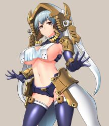 Rule 34 | 1girl, areola slip, armor, blue hair, breast curtain, breasts, closed mouth, dark advent, elbow gloves, gloves, grey background, helmet, horns, large breasts, looking at viewer, purple gloves, rania (dark advent), red eyes, shoulder armor, simple background, solo, stomach, thighhighs, tsukinami kousuke