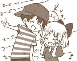 Rule 34 | 1boy, 1girl, :d, ^ ^, antennae, bad id, bad pixiv id, baseball cap, blush, bow, bukiko, closed eyes, collar, doseisan, hair bow, hair ribbon, hat, lowres, md5 mismatch, monochrome, mother (game), mother 2, musical note, ness (mother 2), nintendo, open mouth, paula (mother 2), puffy short sleeves, puffy sleeves, quaver, ribbon, shirt, short sleeves, simple background, smile, striped clothes, striped shirt, t-shirt, upper body, white background