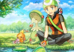 Rule 34 | 1boy, arm support, bicycle, black hair, black pants, blue sky, breloom, brendan (pokemon), cloud, creatures (company), eating, fence, fingerless gloves, fon-due (fonfon), food, game freak, gen 3 pokemon, gloves, green bag, hat, holding, holding food, jacket, lotad, male focus, nintendo, on shoulder, open mouth, orange gloves, orange jacket, outdoors, pants, picket fence, pokeblock, pokemon, pokemon (creature), pokemon emerald, pokemon on shoulder, pokemon rse, pond, short hair, signature, sitting, sky, taillow, torchic, tree, white hat, wingull, wooden fence