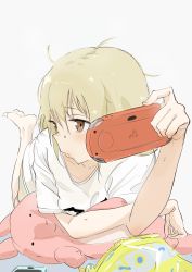Rule 34 | 1girl, bag of chips, barefoot, blonde hair, blush, bouen, brown eyes, cellphone, closed mouth, feet, feet up, foreshortening, futaba anzu, grey background, hair between eyes, handheld game console, highres, idolmaster, idolmaster cinderella girls, lips, long hair, looking to the side, lying, messy hair, on stomach, phone, playstation portable, shirt, short sleeves, simple background, smartphone, soles, solo, stuffed animal, stuffed rabbit, stuffed toy, t-shirt