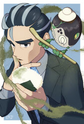Rule 34 | 1boy, black eyes, black hair, black jacket, blue necktie, collared shirt, commentary request, creatures (company), food, game freak, grey shirt, hands up, holding, jacket, larry (pokemon), male focus, multicolored hair, necktie, nintendo, onigiri, parted lips, pokemon, pokemon (creature), pokemon sv, poltchageist, shirt, short hair, signature, tokiba nagamu, two-tone hair, wiping face