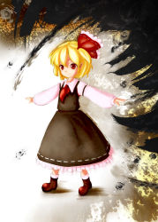 Rule 34 | bad id, bad pixiv id, blonde hair, blouse, darkness, frilled skirt, frills, furim, hair ribbon, highres, outstretched arms, red eyes, ribbon, ribbon-trimmed clothes, ribbon trim, rumia, shirt, short hair, skirt, smile, solo, spread arms, touhou, vest