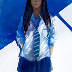Rule 34 | 1girl, arms behind back, black hair, blouse, blue background, blue necktie, blue skirt, collared shirt, diagonal stripes, long hair, necktie, original, out of frame, pleated skirt, shirt, skirt, sleeves rolled up, solo, standing, striped necktie, striped neckwear, two-tone background, wataboku, white background, white shirt, wing collar