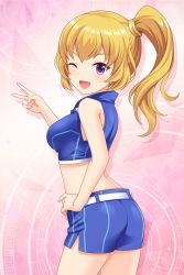 Rule 34 | 1girl, absurdres, alternative girls, ass, bare shoulders, belt, blonde hair, blue jacket, blue shorts, blush, crop top, hair between eyes, hand on own hip, high ponytail, highres, jacket, long hair, looking at viewer, midriff, mizushima airi, official art, one eye closed, open mouth, pink background, purple eyes, race queen, shorts, side ponytail, simple background, smile, solo, standing, v