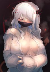 Rule 34 | 1girl, absurdres, blouse, breasts, breasts apart, demon girl, demon horns, helltaker, highres, horns, large breasts, long hair, looking away, mask, modeus (helltaker), ohako (ohako1818), open clothes, open shirt, red eyes, shirt, solo, white hair