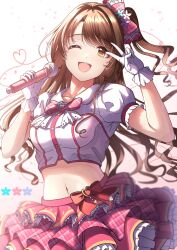 Rule 34 | 1girl, absurdres, brown eyes, brown hair, citrusmikan, frilled shirt, frilled sleeves, frills, gloves, heart, highres, idolmaster, idolmaster cinderella girls, idolmaster cinderella girls starlight stage, long hair, looking at viewer, microphone, navel, one eye closed, open mouth, ribbon, shimamura uzuki, shirt, smile, solo, v, white gloves