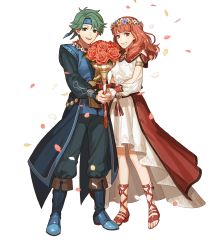 Rule 34 | 1boy, 1girl, alm (fire emblem), alternate costume, belt, boots, bouquet, celica (fire emblem), couple, earrings, feet, fire emblem, fire emblem echoes: shadows of valentia, fire emblem heroes, flower, full body, green eyes, green hair, hair flower, hair ornament, headband, highres, jewelry, long hair, looking at viewer, necklace, nintendo, official art, open mouth, petals, red eyes, red hair, sandals, smile, standing, teeth, toes, transparent background