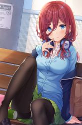 Rule 34 | 1girl, :t, arm support, bag, bench, black footwear, black pantyhose, blazer, blue cardigan, blue eyes, blue jacket, blush, breasts, brown hair, cardigan, closed mouth, collared shirt, commentary, dress shirt, english commentary, fingernails, go-toubun no hanayome, green skirt, hair between eyes, hand up, head tilt, headphones, headphones around neck, hitsukuya, jacket, knee up, loafers, long hair, long sleeves, looking at viewer, medium breasts, nail polish, nakano miku, off shoulder, on bench, open clothes, open jacket, pantyhose, park bench, pleated skirt, pout, purple nails, school uniform, shirt, shoes, sitting, skirt, sleeves past wrists, solo, wavy mouth, white shirt