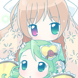 Rule 34 | 00s, 2girls, :o, arms up, blue eyes, brown hair, chibi, close-up, frills, green eyes, green hair, hair ornament, heart, heart hair ornament, heterochromia, kanaria, long hair, looking at viewer, mirai (sugar), multiple girls, parted lips, red eyes, rozen maiden, simple background, suiseiseki, very long hair, white background