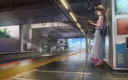 Rule 34 | 2girls, bag, blue dress, brown footwear, commentary request, dress, highres, holding, holding luggage, long skirt, luggage, multiple girls, original, outdoors, pink shirt, railroad tracks, sarekoube, scenery, shirt, skirt, sleeveless, sleeveless shirt, solo focus, suitcase, summer, train, train station