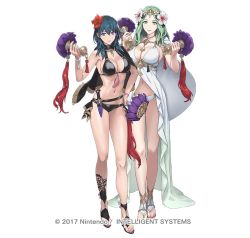 Rule 34 | 2girls, bare shoulders, belt, bikini, black bikini, black capelet, blue eyes, blue hair, blush, breasts, byleth (female) (fire emblem), byleth (female) (summer) (fire emblem), byleth (fire emblem), capelet, circlet, cleavage, collarbone, cuboon, dagger, detached collar, fire emblem, fire emblem: three houses, fire emblem heroes, flower, green eyes, green hair, hair flower, hair ornament, jewelry, knife, large breasts, legs, long hair, looking at viewer, medium hair, multiple girls, navel, necklace, nintendo, official alternate costume, official art, parted bangs, rhea (fire emblem), sandals, simple background, smile, swimsuit, weapon, white bikini