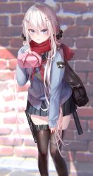 Rule 34 | 1girl, 9a-91, 9a-91 (girls&#039; frontline), absurdres, animal ears, assault rifle, bag, bento, black skirt, black thighhighs, blue eyes, blush, brick wall, buttons, cardigan, eyelashes, girls&#039; frontline, gun, hair between eyes, hair ornament, hairclip, highres, holding, long hair, long sleeves, pleated skirt, pottsness, red scarf, rifle, sailor collar, scarf, school uniform, serafuku, silver hair, skirt, sleeves past wrists, smile, solo, thighhighs, weapon, wrapped bento