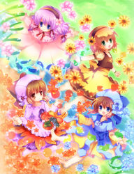 Rule 34 | 4girls, autumn leaves, bad id, bad pixiv id, barefoot, black hairband, blue eyes, blue headwear, blue shirt, blush, bow, brown hair, brown vest, closed mouth, commentary request, dress, fairy, falling leaves, flower, frilled dress, frills, full body, green eyes, hair between eyes, hair ornament, hairband, highres, hizukiryou, leaf, multiple girls, open mouth, original, outstretched arms, personification, pink dress, pink flower, purple skirt, red bow, seasons, shirt, short hair, skirt, smile, snowflake hair ornament, snowflakes, socks, sunflower, tomato, vest, white shirt, yellow flower, yellow skirt