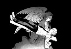 Rule 34 | 1boy, 1girl, absurdres, alternate costume, angel wings, black background, black necktie, black pants, business suit, chainsaw man, cross, crucifixion, denji (chainsaw man), formal, greyscale, highres, hood, hoodie, legs together, light smile, long hair, makima (chainsaw man), monochrome, nail, necktie, outstretched arms, pants, religion, ringed eyes, shirt, shirt tucked in, short hair, smile, suit, white shirt, wings, yokoyari mengo