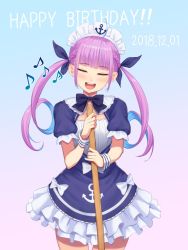 Rule 34 | 1girl, anchor symbol, apron, braid, closed eyes, colored inner hair, commentary request, dated, drill hair, frilled skirt, frills, hair ribbon, happy birthday, hololive, kurowan, maid apron, minato aqua, minato aqua (1st costume), mop, multicolored hair, music, nail polish, open mouth, purple hair, ribbon, simple background, singing, skirt, solo, twin drills, two-tone hair, virtual youtuber