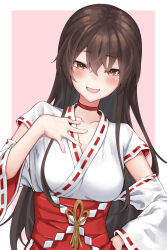 Rule 34 | 1girl, black hair, blush, border, breasts, brown eyes, choker, commentary request, commission, detached sleeves, grimoire ~shiritsu grimoire mahou gakuen~, highres, kamidanomi, kannagi rei (grimoire), long hair, looking at viewer, medium breasts, nontraditional miko, pink background, red choker, ribbon-trimmed sleeves, ribbon trim, simple background, solo, white border