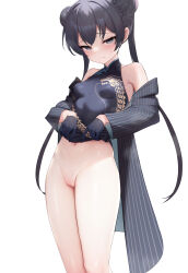 Rule 34 | 1girl, absurdres, black dress, black gloves, black hair, black jacket, blue archive, breasts, china dress, chinese clothes, closed mouth, clothes lift, double bun, dragon print, dress, dress lift, gloves, grey eyes, hair bun, highres, jacket, kisaki (blue archive), lifted by self, long hair, looking at viewer, print dress, pussy, simple background, sleeveless, sleeveless dress, small breasts, solo, standing, striped clothes, striped jacket, topu, twintails, vertical-striped clothes, vertical-striped jacket, white background