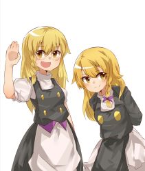 Rule 34 | 2girls, :d, absurdres, apron, arms behind back, black coat, black skirt, black vest, blonde hair, blush, bow, braid, buttons, closed mouth, coat, commentary request, cookie (touhou), cowboy shot, eyes visible through hair, glasses, hair between eyes, hair bow, highres, kirisame marisa, long hair, looking at viewer, multiple girls, no headwear, open mouth, puffy short sleeves, puffy sleeves, purple bow, red-framed eyewear, rei (cookie), semi-rimless eyewear, shirt, short sleeves, side braid, simple background, single braid, skirt, smile, split mouth, touhou, under-rim eyewear, uzuki (cookie), vest, waist apron, wavy hair, white background, white shirt, yellow eyes, yumekamaborosh