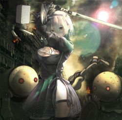 Rule 34 | 1girl, 2b (nier:automata), arms up, black dress, black gloves, black thighhighs, blue eyes, boots, breasts, building, cleavage, cleavage cutout, clothing cutout, dark sky, dress, dust, feather-trimmed sleeves, gloves, grey hair, holding, holding sword, holding weapon, juliet sleeves, katana, large breasts, long bangs, long sleeves, looking at viewer, machine (nier), nier:automata, nier (series), pod (nier:automata), puffy sleeves, ruins, short hair, side slit, sky, sun, sword, thigh boots, thighhighs, weapon, xia 0328, yellow sky