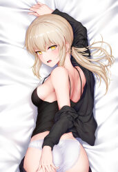 Rule 34 | 1girl, artoria pendragon (all), artoria pendragon (fate), bare shoulders, bed sheet, black camisole, black jacket, blush, breasts, camisole, unworn clothes, dakimakura (medium), fate/grand order, fate (series), hand up, highres, jacket, looking at viewer, looking back, low ponytail, medium breasts, medium hair, off shoulder, official alternate costume, open clothes, open mouth, panties, ponytail, reien fuukibu, saber (fate), saber alter, saber alter (ver. shinjuku 1999) (fate), sheet grab, solo, underwear, white panties, yellow eyes