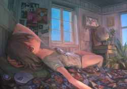 Rule 34 | 1girl, bed, black hair, brown eyes, cd player, globe, highres, indoors, looking at viewer, lying, medium hair, no pants, on back, on bed, original, panties, plant, poster (object), potted plant, solo, tokunaga akimasa, underwear, v-neck, window