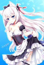 Rule 34 | 1girl, animal ear fluff, animal ears, apron, ass, azur lane, bare shoulders, black bow, black dress, blue eyes, blush, bow, breasts, cat ears, cat hair ornament, choker, cleavage, closed mouth, collarbone, commentary request, detached sleeves, dress, dutch angle, hair bow, hair ornament, hair ribbon, hammann (azur lane), highres, long hair, looking at viewer, medium breasts, omoomomo, one side up, puffy short sleeves, puffy sleeves, red bow, red choker, red ribbon, ribbon, short sleeves, silver hair, skirt hold, solo, star (symbol), strapless, strapless dress, thighhighs, twisted torso, very long hair, waist apron, white apron, white thighhighs, wrist cuffs
