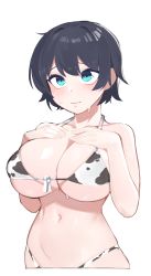Rule 34 | 1girl, absurdres, animal print, bikini, black hair, blue eyes, blush, breast suppress, breasts, character request, closed mouth, copyright request, cow print, front-tie bikini top, front-tie top, halterneck, hands on own chest, highres, large breasts, micro bikini, navel, print bikini, sangobob, short hair, solo, stomach, sweat, swimsuit, underboob