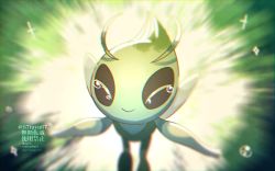 Rule 34 | antennae, blurry, celebi, closed mouth, commentary request, creatures (company), crying, closed eyes, game freak, gen 2 pokemon, highres, legendary pokemon, mythical pokemon, nintendo, no humans, outstretched arms, pokemon, pokemon (creature), smile, solo, tears, water drop, watermark, yukifuri tsuyu