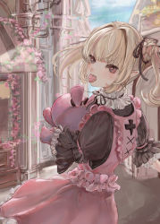 Rule 34 | 1girl, absurdres, blonde hair, blush, brown eyes, dress, fangs, from behind, gothic lolita, hair behind ear, highres, holding, holding stuffed toy, in mouth, lolita fashion, looking back, makaino ririmu, multicolored hair, nijisanji, pink dress, pink hair, pointy ears, puffy sleeves, sky, solo, streaked hair, stuffed toy, twintails, vampire, vea (v ea ), virtual youtuber