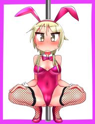 Rule 34 | 1girl, animal ears, blonde hair, blush, bow, bowtie, breasts, breasts apart, chiden, cleavage, embarrassed, fake animal ears, fishnet thighhighs, fishnets, highres, ichii yui, leotard, medium breasts, pink bow, pink bowtie, playboy bunny, rabbit ears, simple background, solo, spread legs, squatting, thighhighs, twintails, yellow eyes, yuyushiki