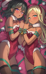 Rule 34 | 2girls, animal costume, antlers, aqua eyes, bare shoulders, black hair, black thighhighs, blonde hair, blush, bound, bound wrists, breasts, christmas, cleavage, closed mouth, covered navel, dark-skinned female, dark skin, from above, fur-trimmed headwear, fur-trimmed leotard, fur trim, half-closed eyes, hat, highres, horns, idolmaster, idolmaster cinderella girls, layla (idolmaster), leotard, long hair, looking at viewer, lying, medium breasts, multiple girls, natalia (idolmaster), on side, open mouth, purple eyes, red headwear, red leotard, reindeer antlers, reindeer costume, ribbon, santa costume, santa hat, short hair, small breasts, smile, thighhighs, trente