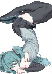 Rule 34 | 1girl, aqua eyes, aqua hair, bare shoulders, black footwear, black sleeves, blue eyes, blue hair, boots, commentary, detached sleeves, english commentary, grey shirt, hair ornament, hatsune miku, highres, long hair, looking at viewer, open mouth, pleated skirt, shirt, simple background, skirt, sleeveless, sleeveless shirt, solo, thigh boots, thighhighs, twintails, urec, vocaloid, white background