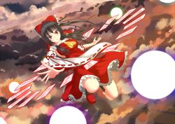 Rule 34 | 1girl, bare shoulders, black hair, bow, danmaku, detached sleeves, gmot, hair bow, hair tubes, hakurei reimu, ofuda, outstretched hand, ponytail, red eyes, sky, solo, touhou