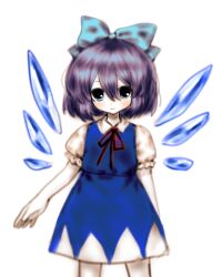 Rule 34 | 1girl, absurdres, bingkuaihei, blue dress, blue eyes, blue ribbon, cirno, closed mouth, collared shirt, commentary, cowboy shot, detached wings, dress, hair between eyes, hair ribbon, highres, neck ribbon, pinafore dress, purple hair, ribbon, shirt, short hair, simple background, sleeveless, sleeveless dress, smile, solo, symbol-only commentary, touhou, white background, white shirt, wings