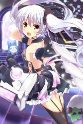 Rule 34 | 10s, 1girl, black thighhighs, brown eyes, chain chronicle, clothing cutout, detached sleeves, fuuna, garter straps, hand in own hair, highres, long hair, looking at viewer, open mouth, side cutout, silver hair, solo, thighhighs, twintails